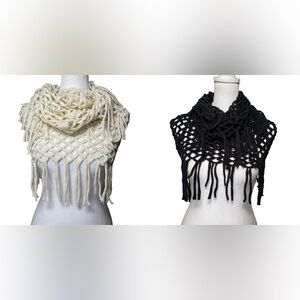 Two Lightweight Infinity Scarves Black White Diamond Pattern Tassels Acrylic